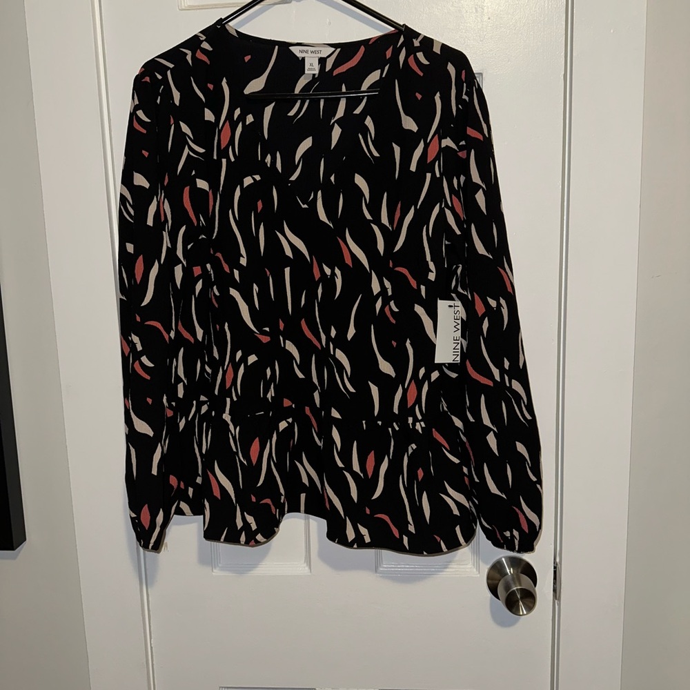 Nine West  Black, White, Coral Graphic Long Sleeve Blouse